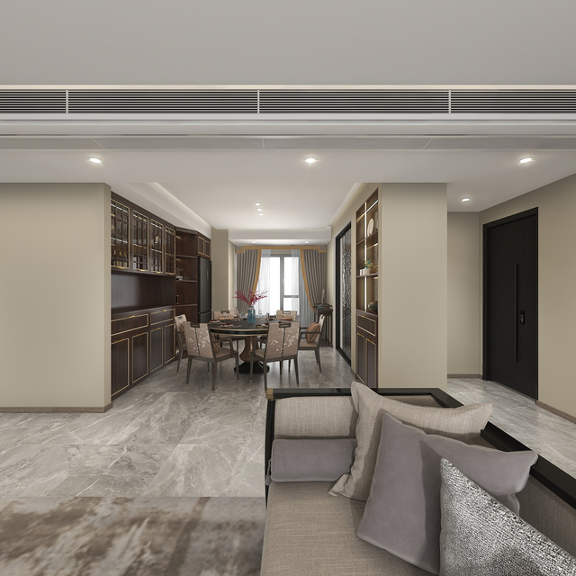 New Chinese Style Living Room TV Cabinet with Dark Wood Grain Door Panel Style