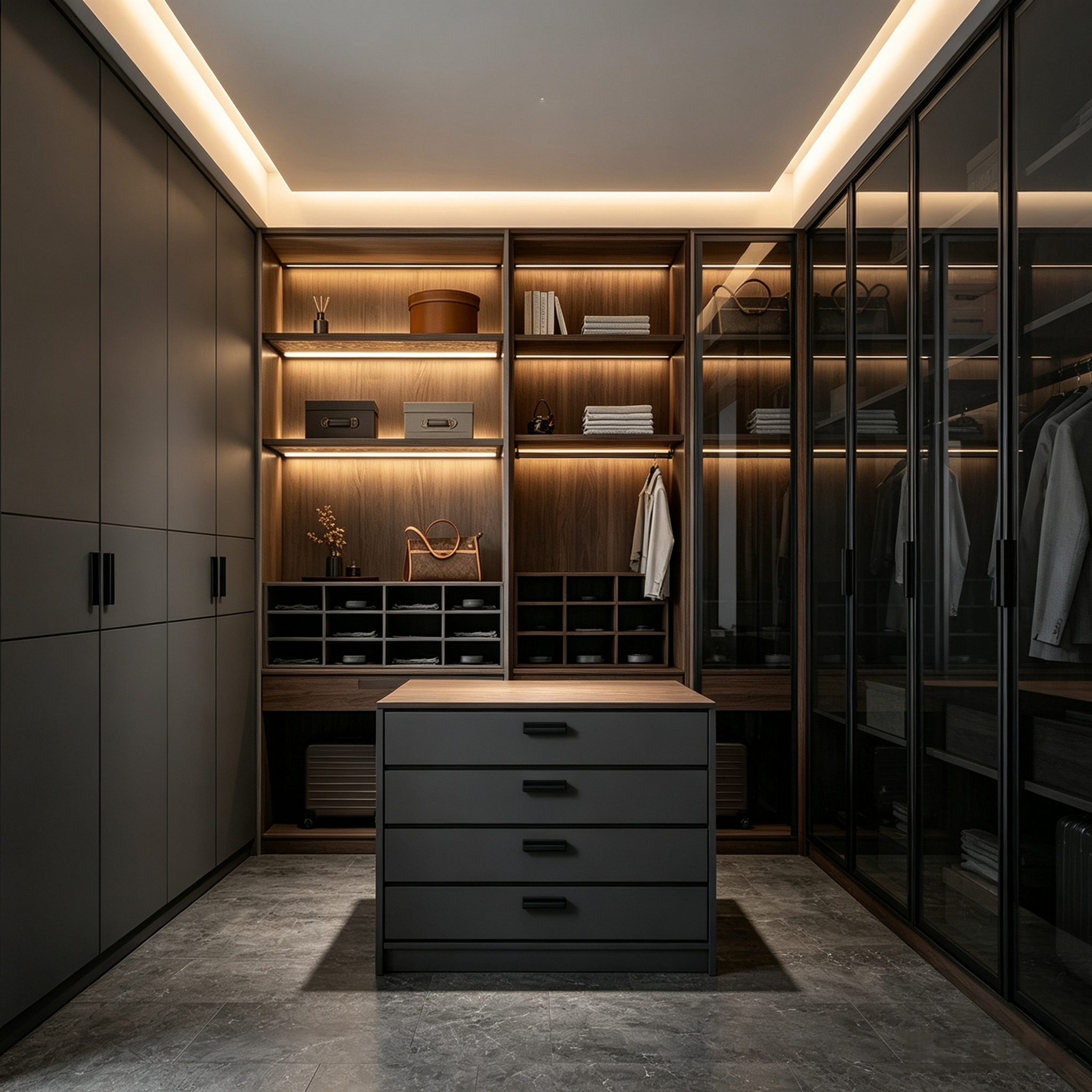 Full‑wall Integrated Walk‑in Closet Custom Wardrobe With Solid & Glass Display Cabinet
