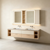 Minimalist Floating Double‑Sink Vanity With Open‑Shelf Smart Mirror Cabinet