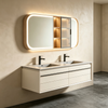 Floating Double‑Sink Vanity With Rounded Edge LED Mirror Cabinet