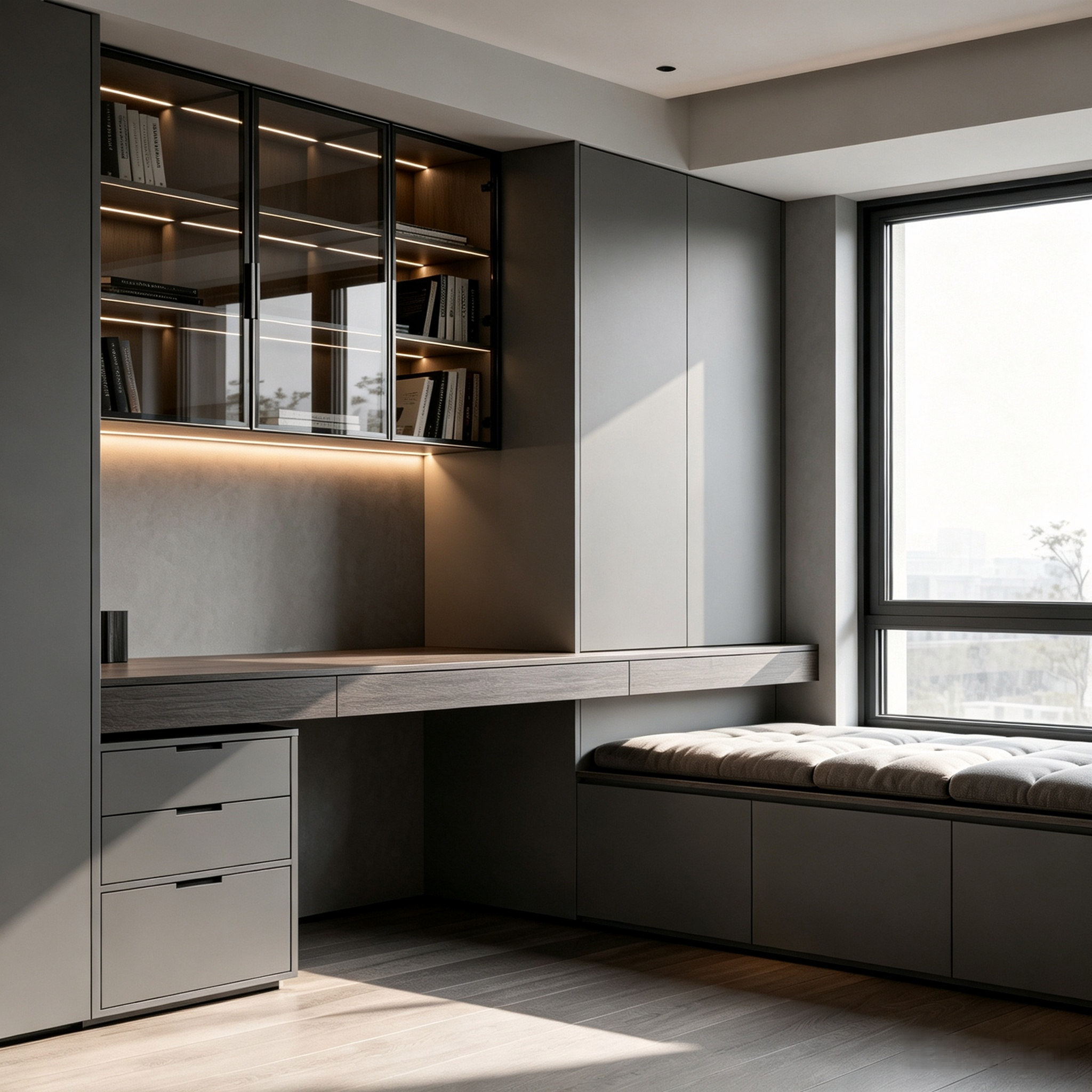 Minimalist Bay‑window Study Integrated Cabinet