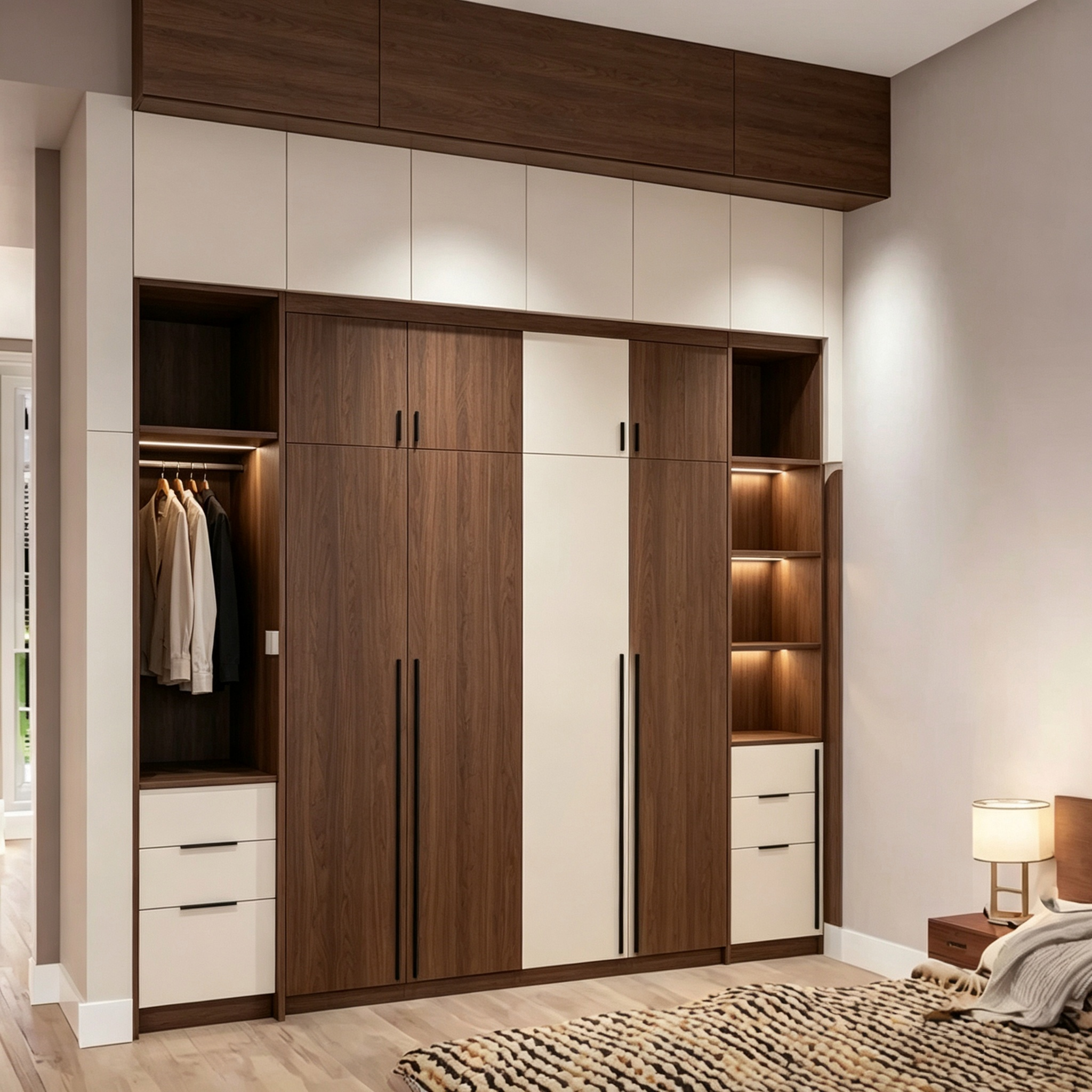 Modern Floor‑to‑ceiling Bedroom Wardrobe With Lit Open Niche Storage Closet