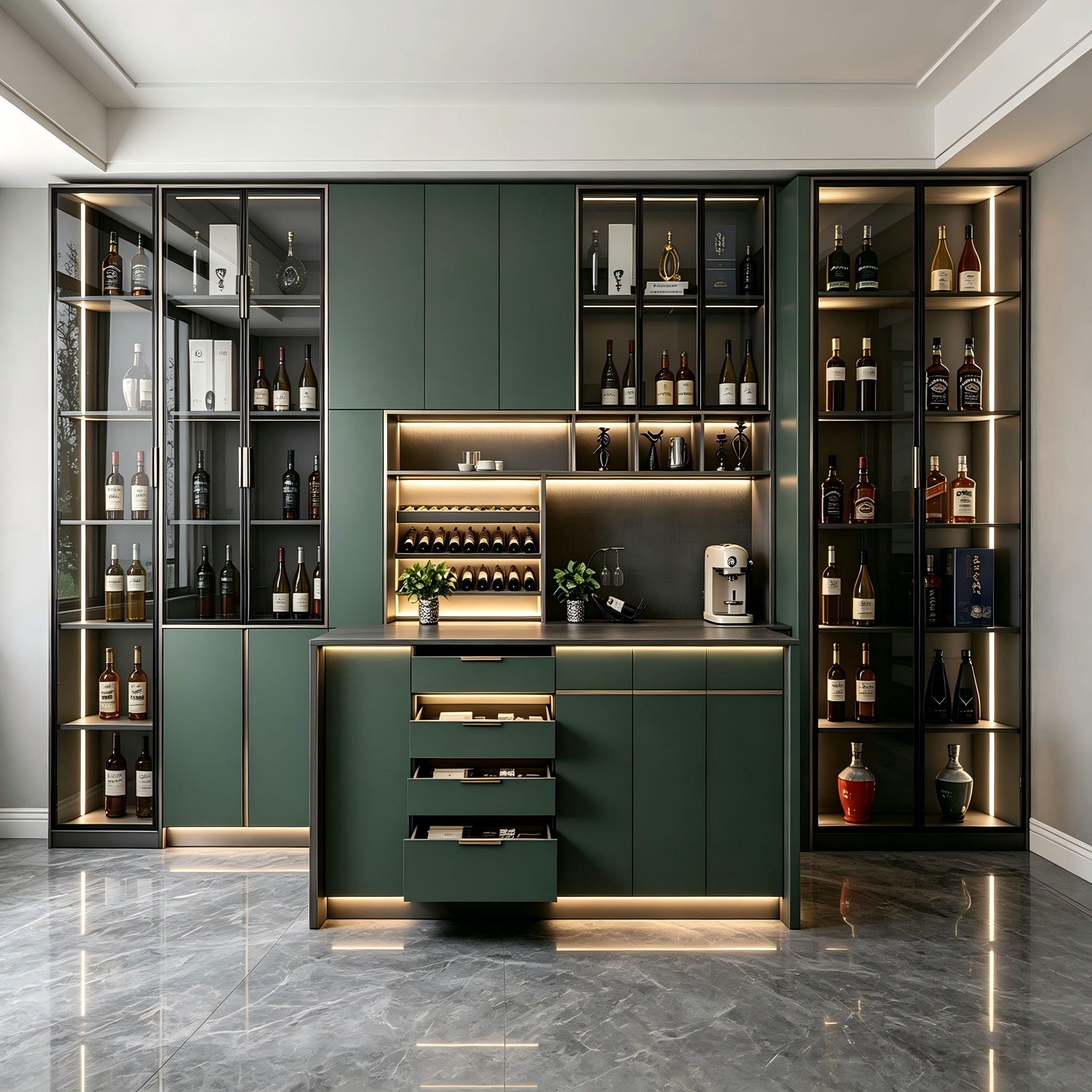 Full‑Wall Light‑Luxury Wine & Bar Cabinet