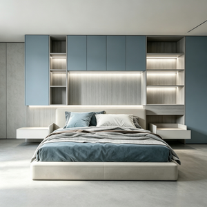 Custom Modern Master Bedroom With Floating Headboard Storage Wall