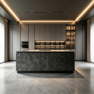 Italian Minimalist Kitchen Cabinet With Full Stone‑clad Island