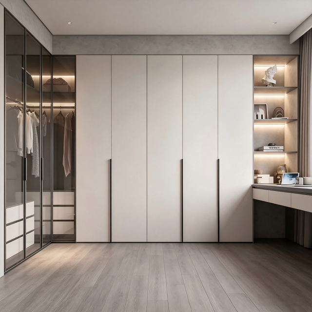 Integrated Walk‑in Closet Combination Of Glass Wardrobe and Corner Desk