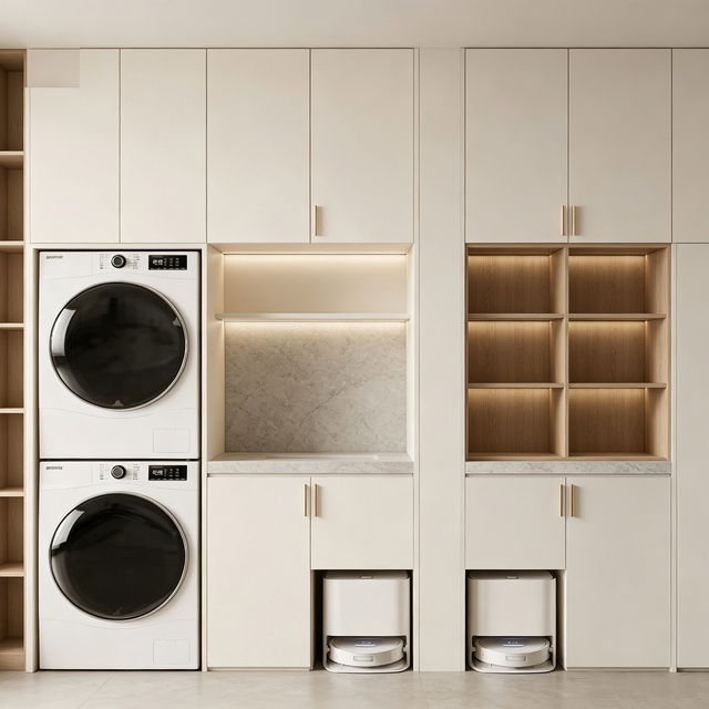 Full‑wall Integrated Laundry Cabinet For Washer‑dryer & Robot Vacuum