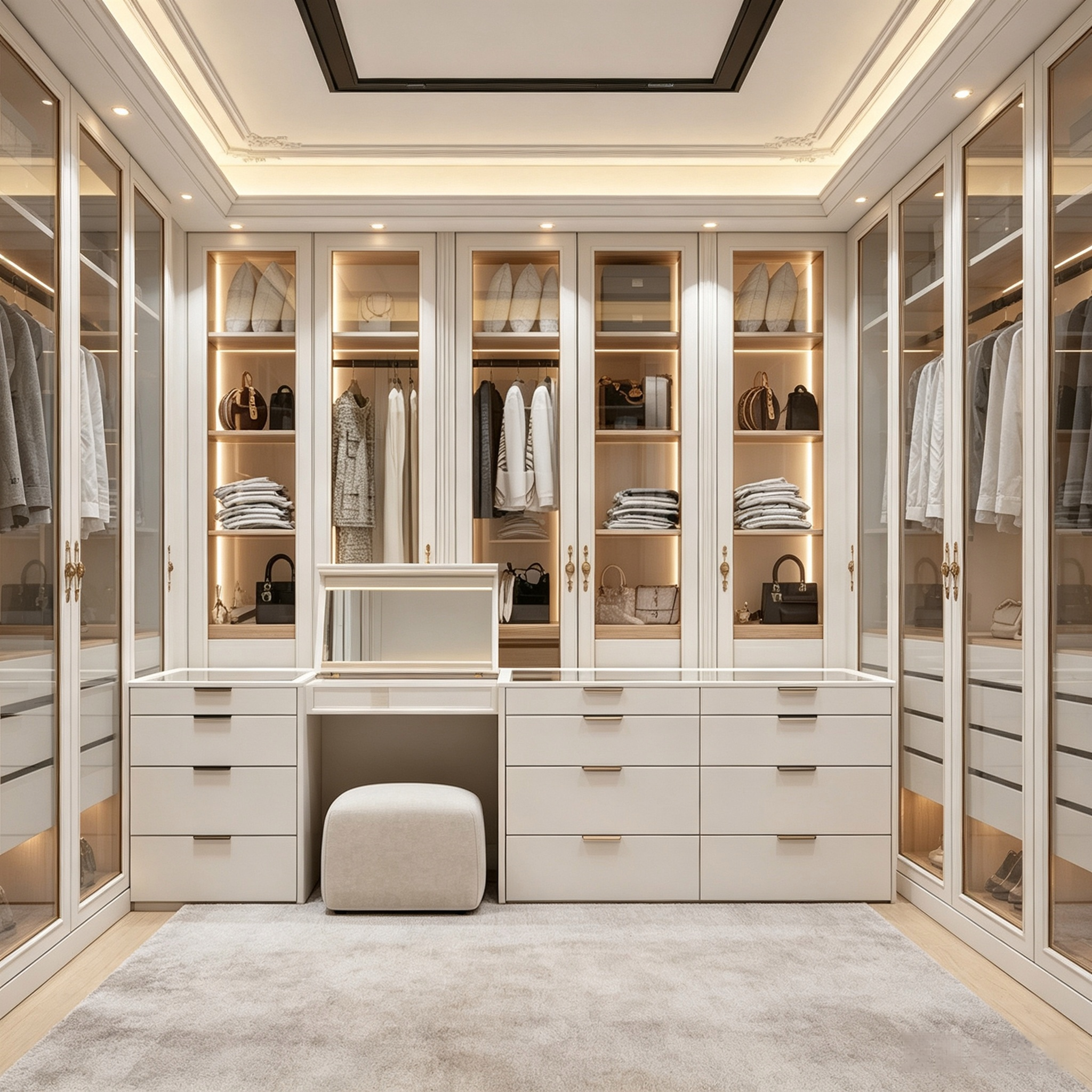 French Walk‑in Closet Custom Wardrobe With Makeup Central Island