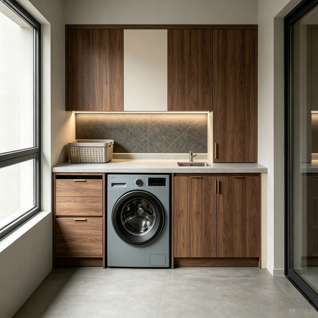 Custom Balcony Laundry Cabinet With Integrated Drawer Storage