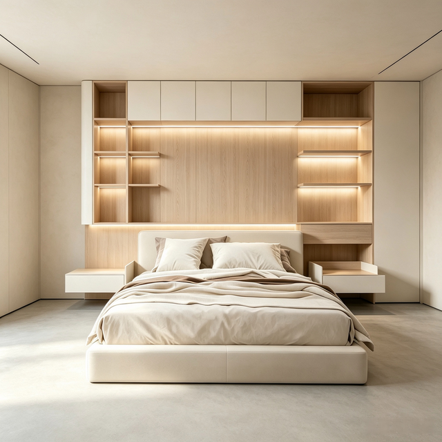 Custom Modern Master Bedroom With Floating Headboard Storage Wall