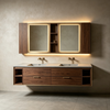 Minimalist Floating Double‑Sink Vanity With Open‑Shelf Smart Mirror Cabinet