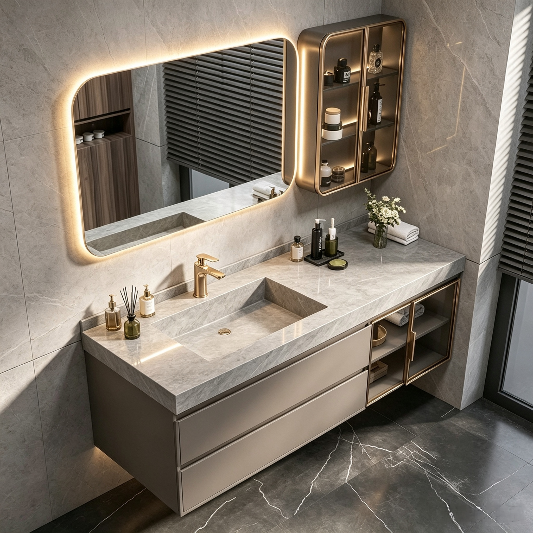 Floating Bathroom Vanity With Integrated Sintered‑Stone Sink