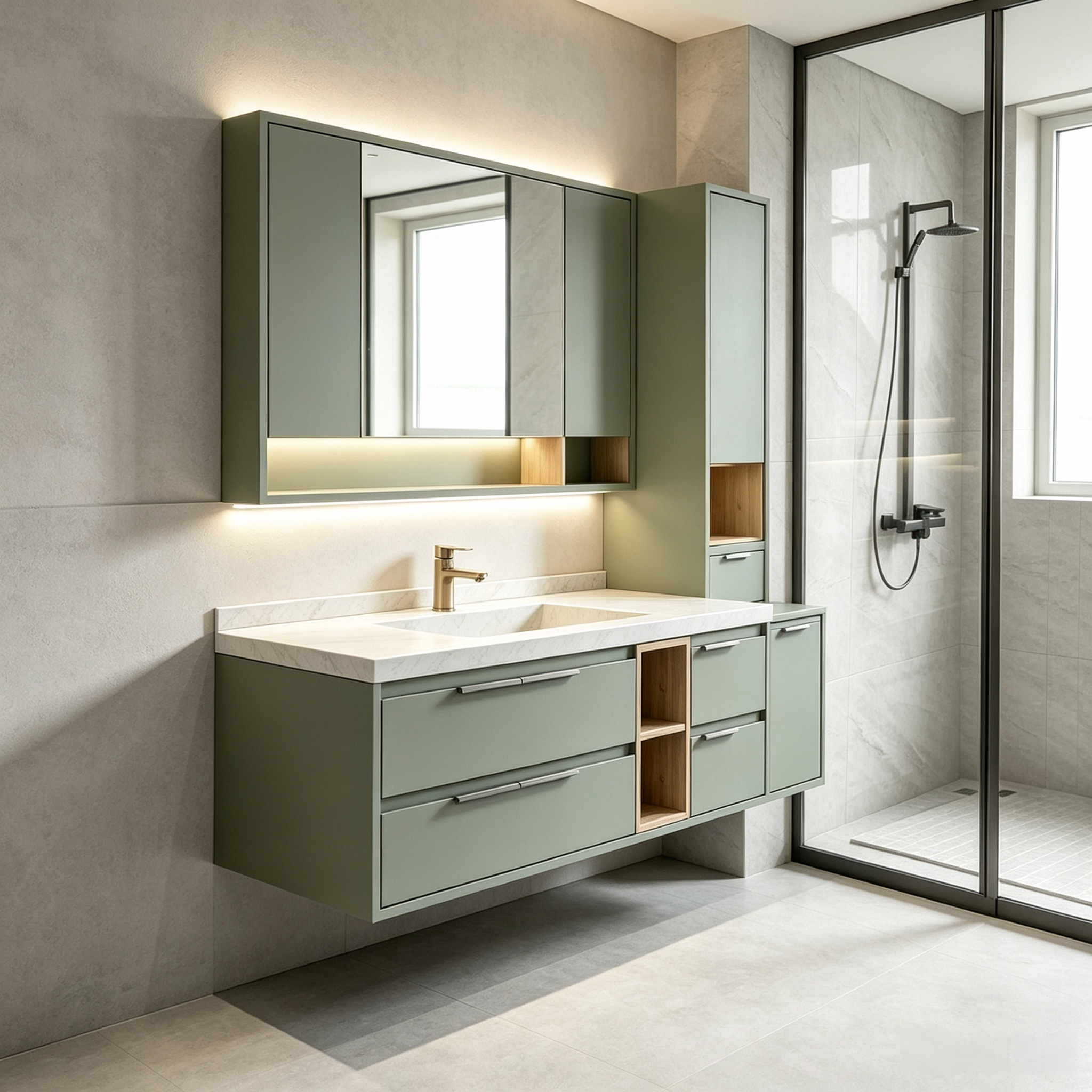 Complete Floating Bathroom Vanity Set With Mirror Cabinet & Side Tall Cabinet