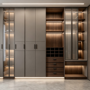 Full‑wall Custom Walk‑in Wardrobe With Glass Display Unit