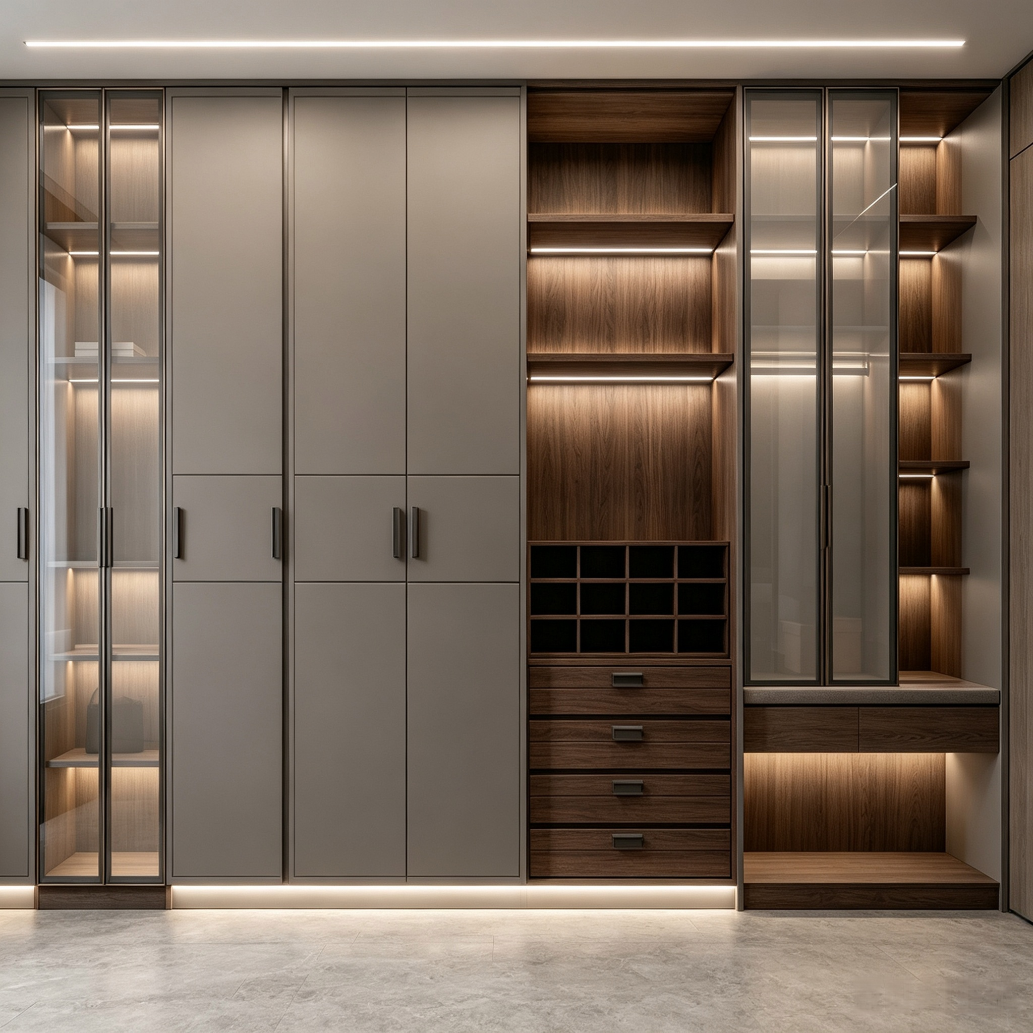 Full‑wall Custom Walk‑in Wardrobe With Glass Display Unit