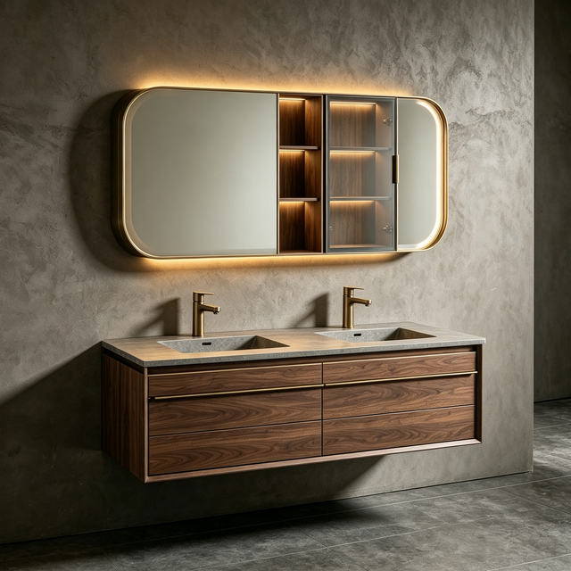 Floating Double‑Sink Vanity With Rounded Edge LED Mirror Cabinet