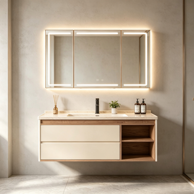 Multi‑color Floating Bathroom Vanity With LED Mirror Cabinet
