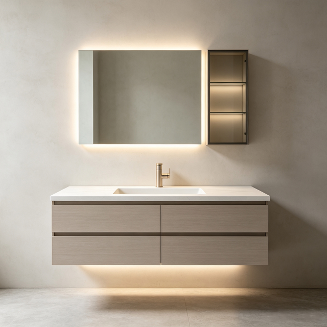Color‑block Floating Bathroom Vanity With Side Glass Cabinet