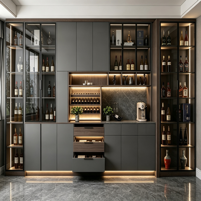 Full‑wall Multifunctional Wine Cabinet With Wine Racks & Home Bar