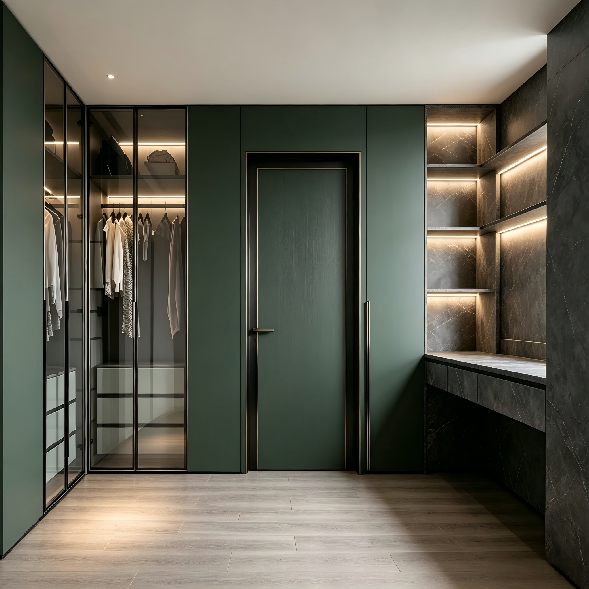 Integrated Walk‑in Closet Combination Of Glass Wardrobe and Corner Desk