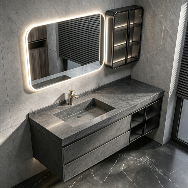 Floating Bathroom Vanity With Integrated Sintered‑Stone Sink