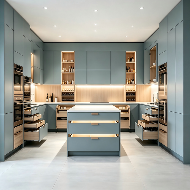 Haze‑Blue Kitchen Customization With Central Island