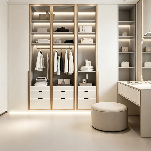 Glass Door Walk‑in Closet Integrated With Dressing Table