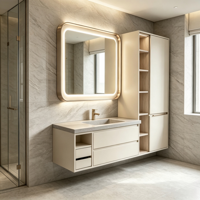 Floating Bathroom Vanity With Rounded LED Mirror & Integrated Tall Cabinet