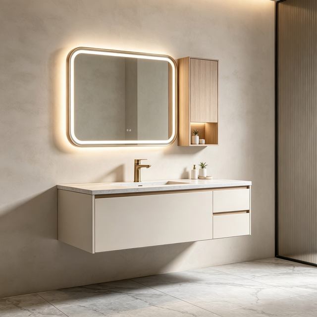 Floating Color‑block Bathroom Vanity With Rounded LED Mirror & Side Wall Cabinet