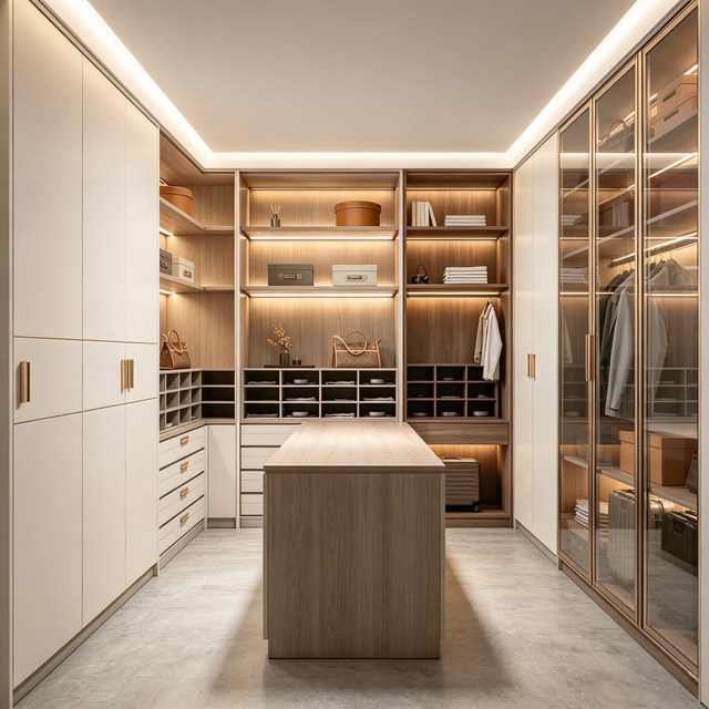 Full‑wall Integrated Walk‑in Closet Custom Wardrobe With Solid & Glass Display Cabinet