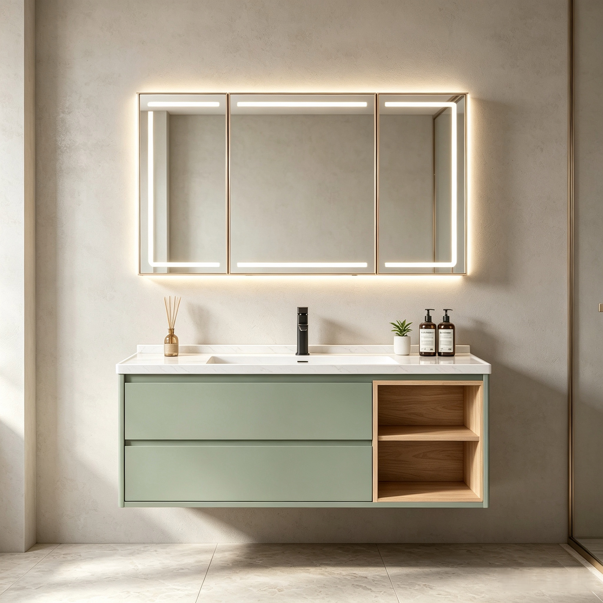 Multi‑color Floating Bathroom Vanity With LED Mirror Cabinet
