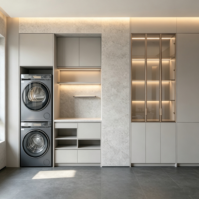 Modern Custom Balcony Laundry Cabinet Stacked Washer Dryer Storage Unit