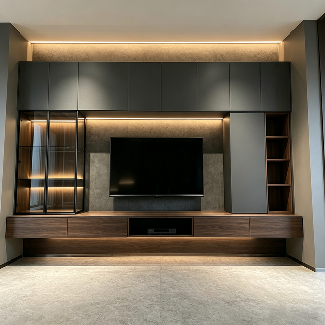 High‑ceiling Full‑wall Floating TV Cabinet Storage Background Wall For Tall Living Room