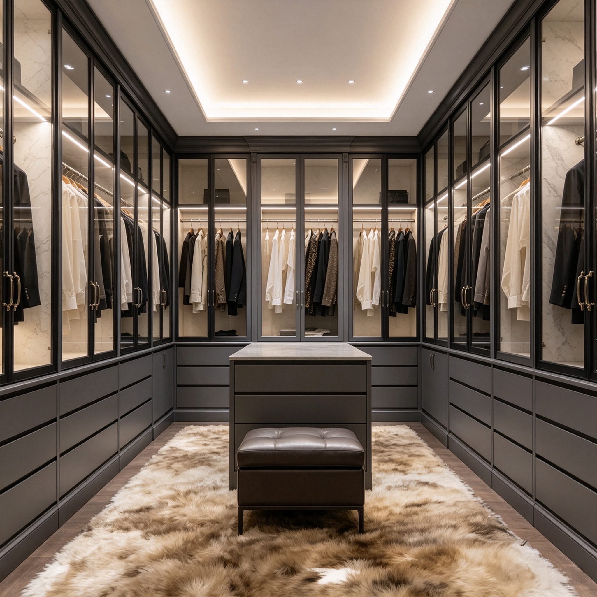 Light Luxury L‑shaped Walk‑in Closet With Central Island