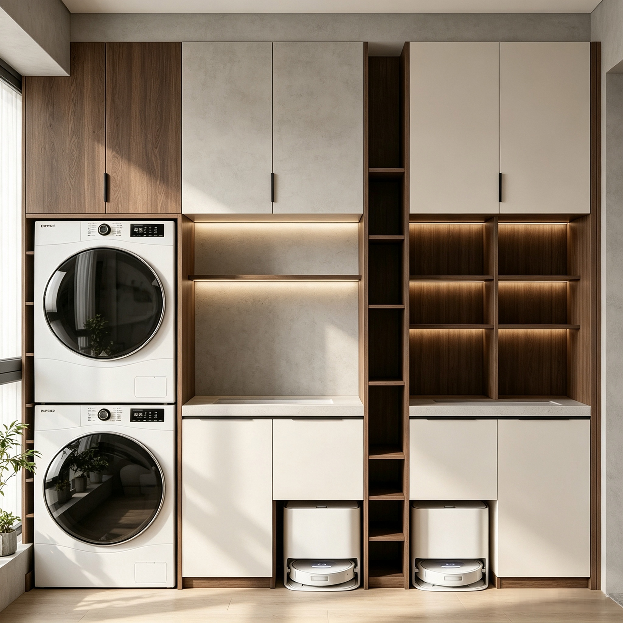 Full‑wall Integrated Laundry Cabinet For Washer‑dryer & Robot Vacuum