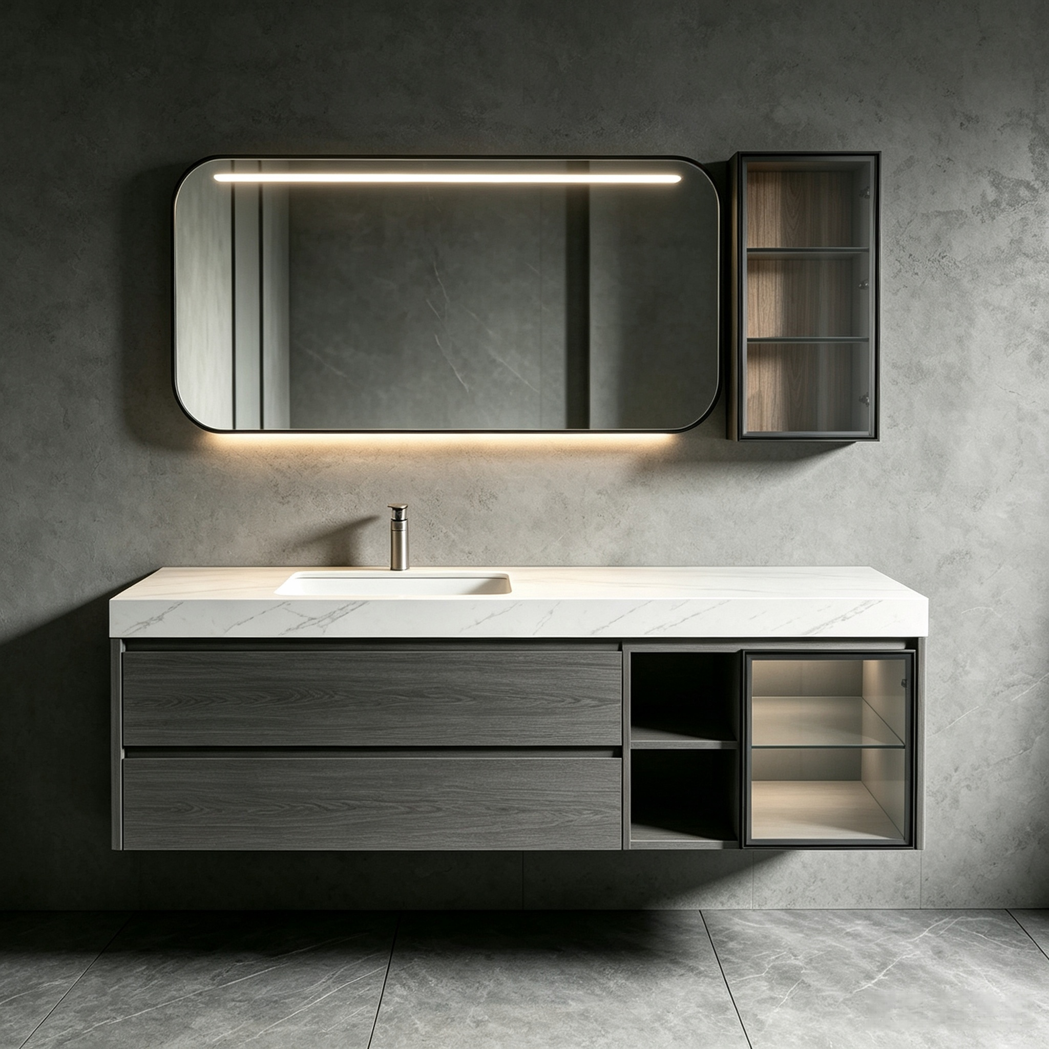 Floating Wall‑Mounted Bathroom Vanity Rounded Led Mirror