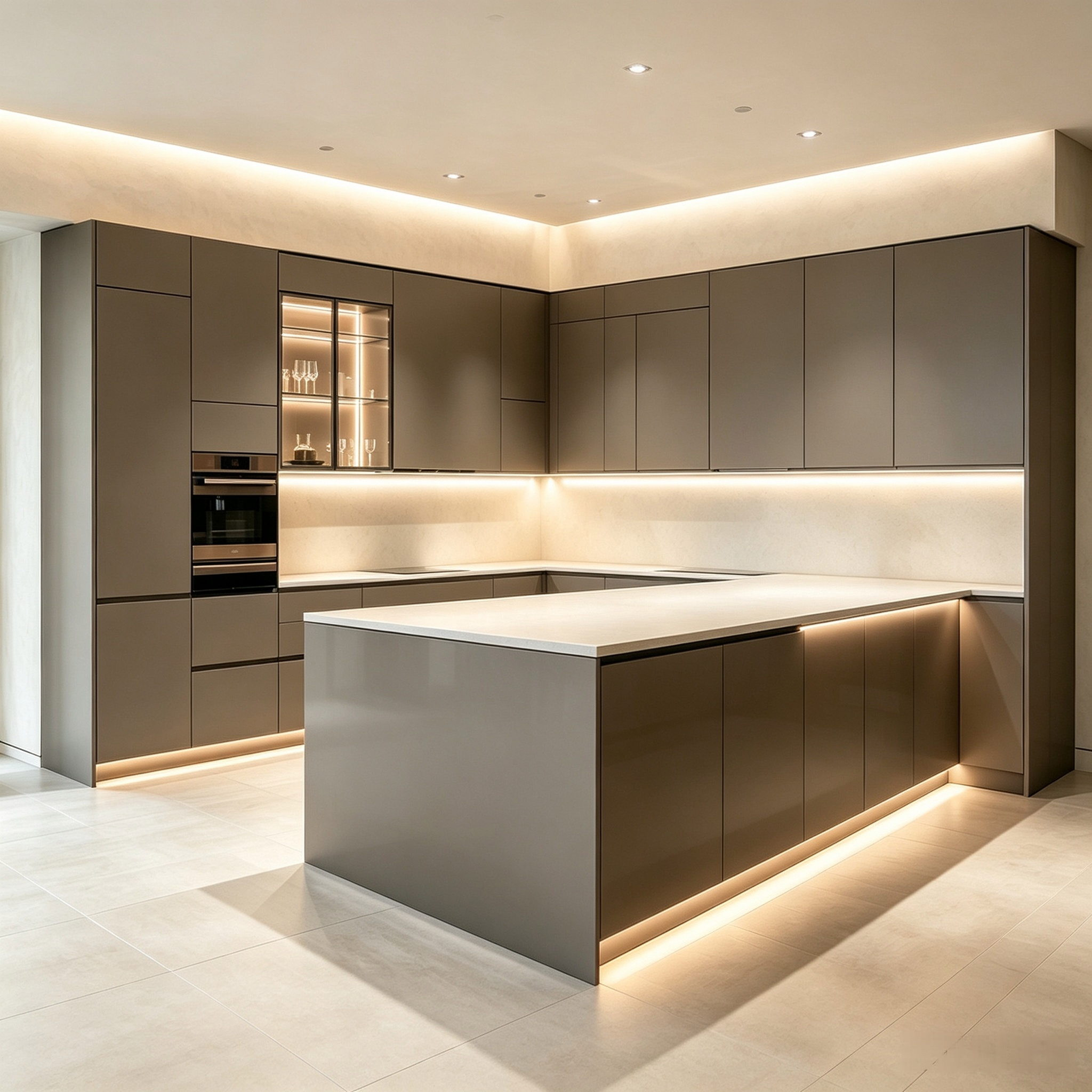 Luxury Grey Open Kitchen Cabinet With Central Island Customization
