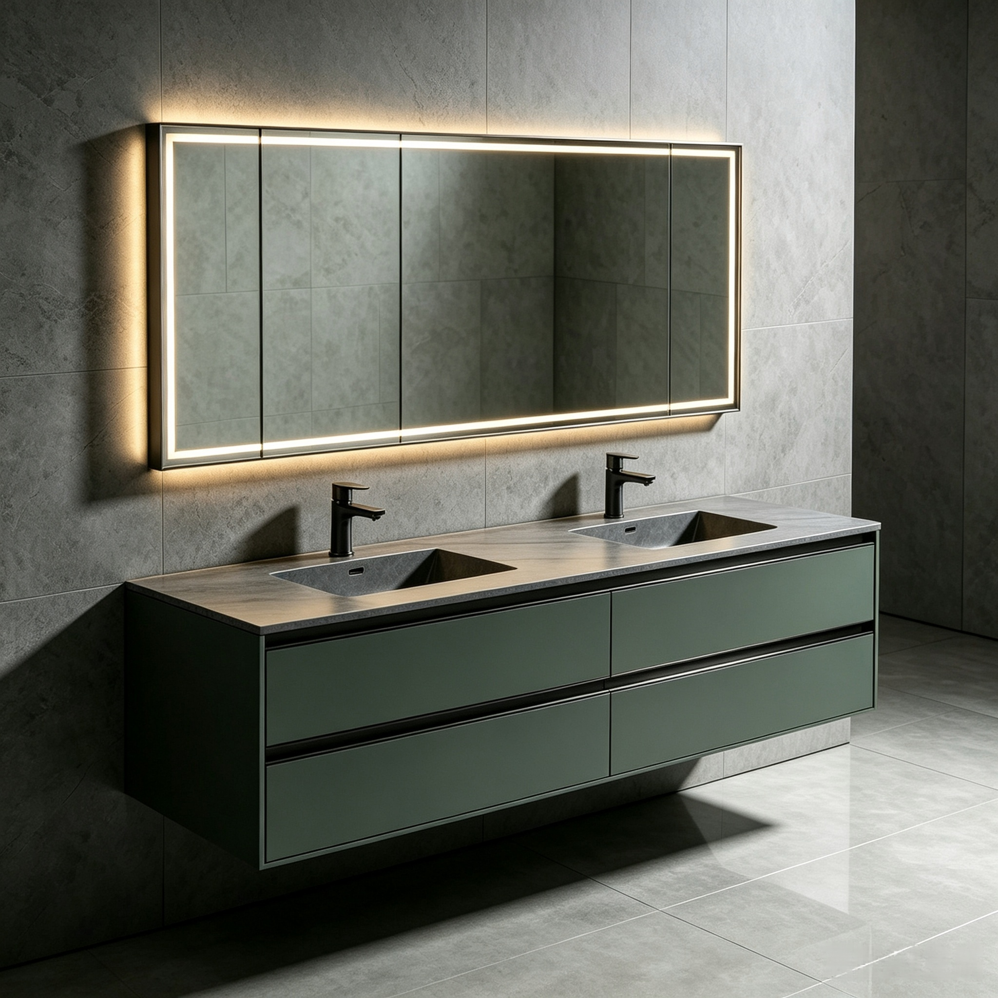 Floating Double‑Sink Vanity With Rectangular LED Mirror Cabinet