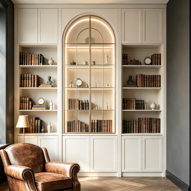 Vintage Arched Full‑wall Bookcase For Study Display