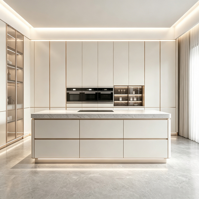 Light‑luxury Complete Kitchen Cabinet With Central Island Design