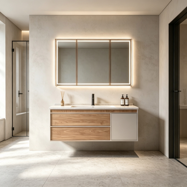  Wall‑mount Floating Bathroom Vanity With Led Mirror Cabinet And Stone Countertop