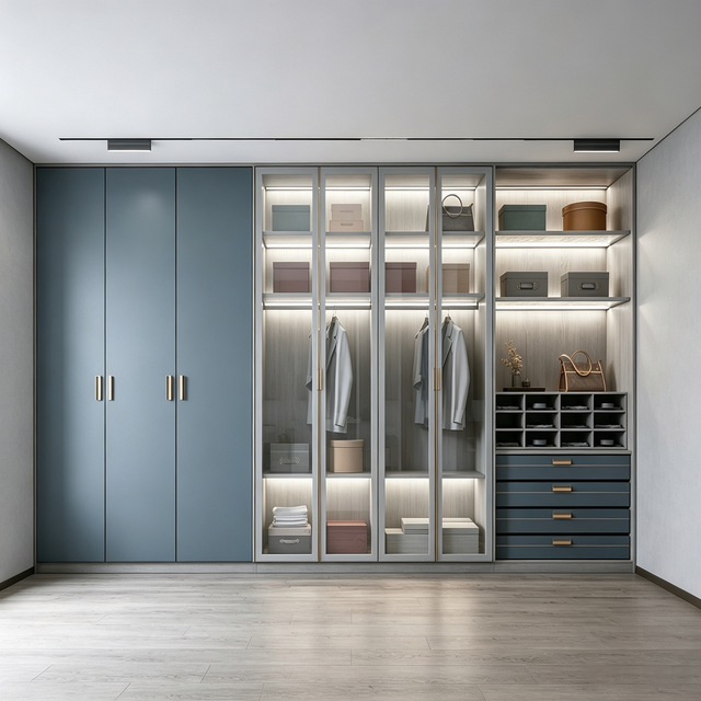 Modern Full‑wall Combined Wardrobe With Glass Display Storage Closet