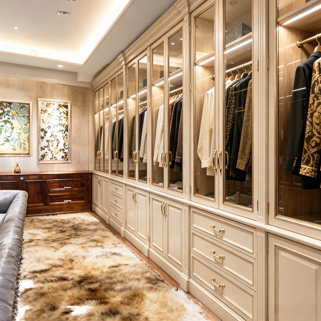 Light Luxury L‑shaped Walk‑in Closet With Central Island
