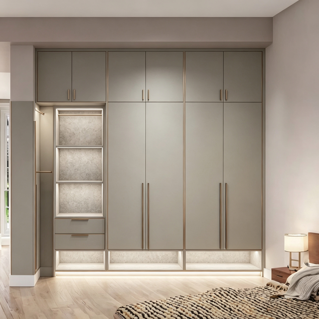 Modern Floor‑to‑ceiling Bedroom Wardrobe With Lit Open Niche Storage Closet
