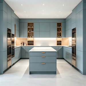 Haze‑Blue Kitchen Customization With Central Island