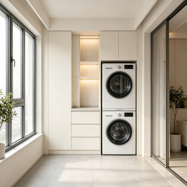 Custom Balcony Cabinet Stacked Washer Dryer Integrated Storage