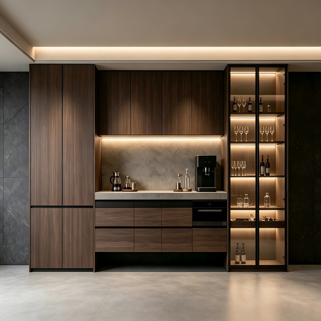 Modern Wood‑Grain Sideboard With Integrated Wine & Coffee Bar