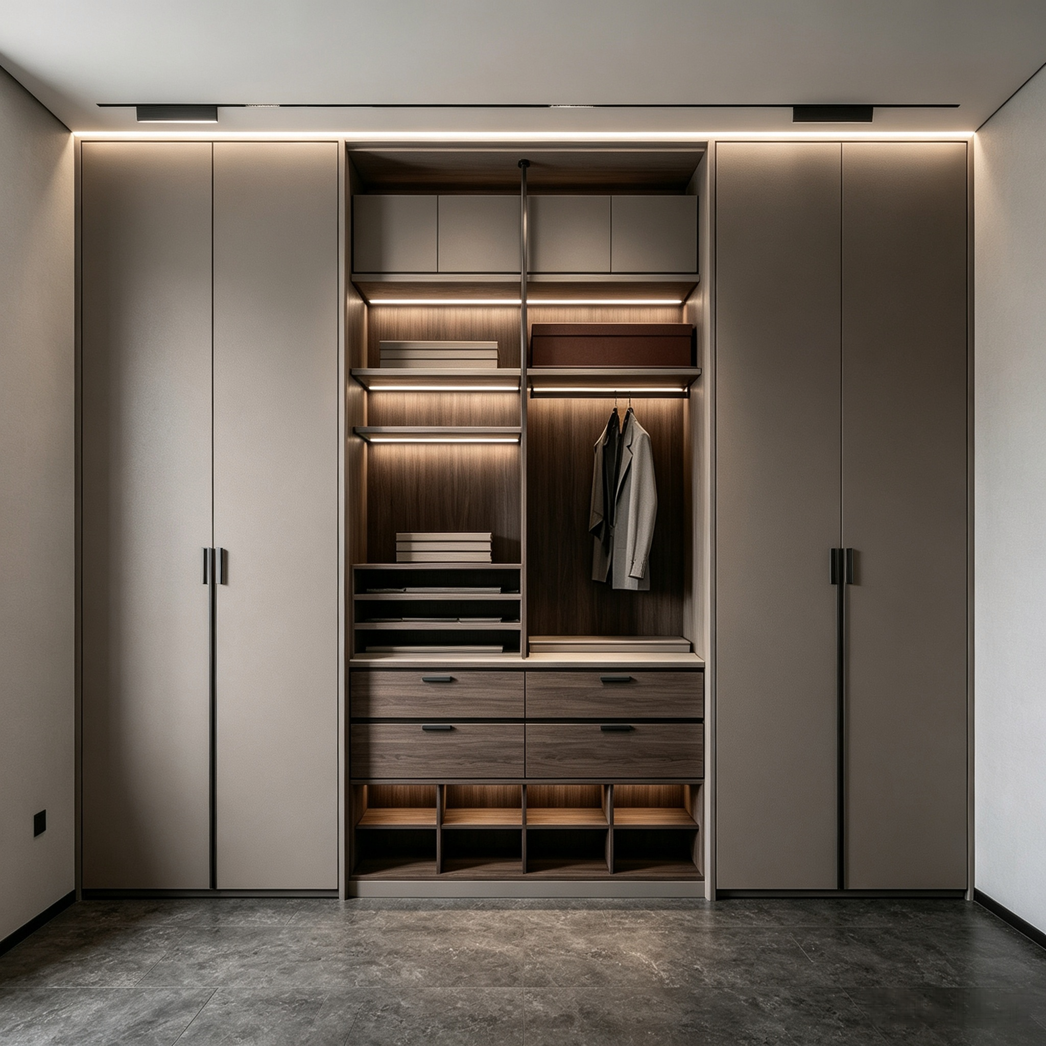 Symmetric Full‑wall Wardrobe Custom Closet With Central Open Storage Area