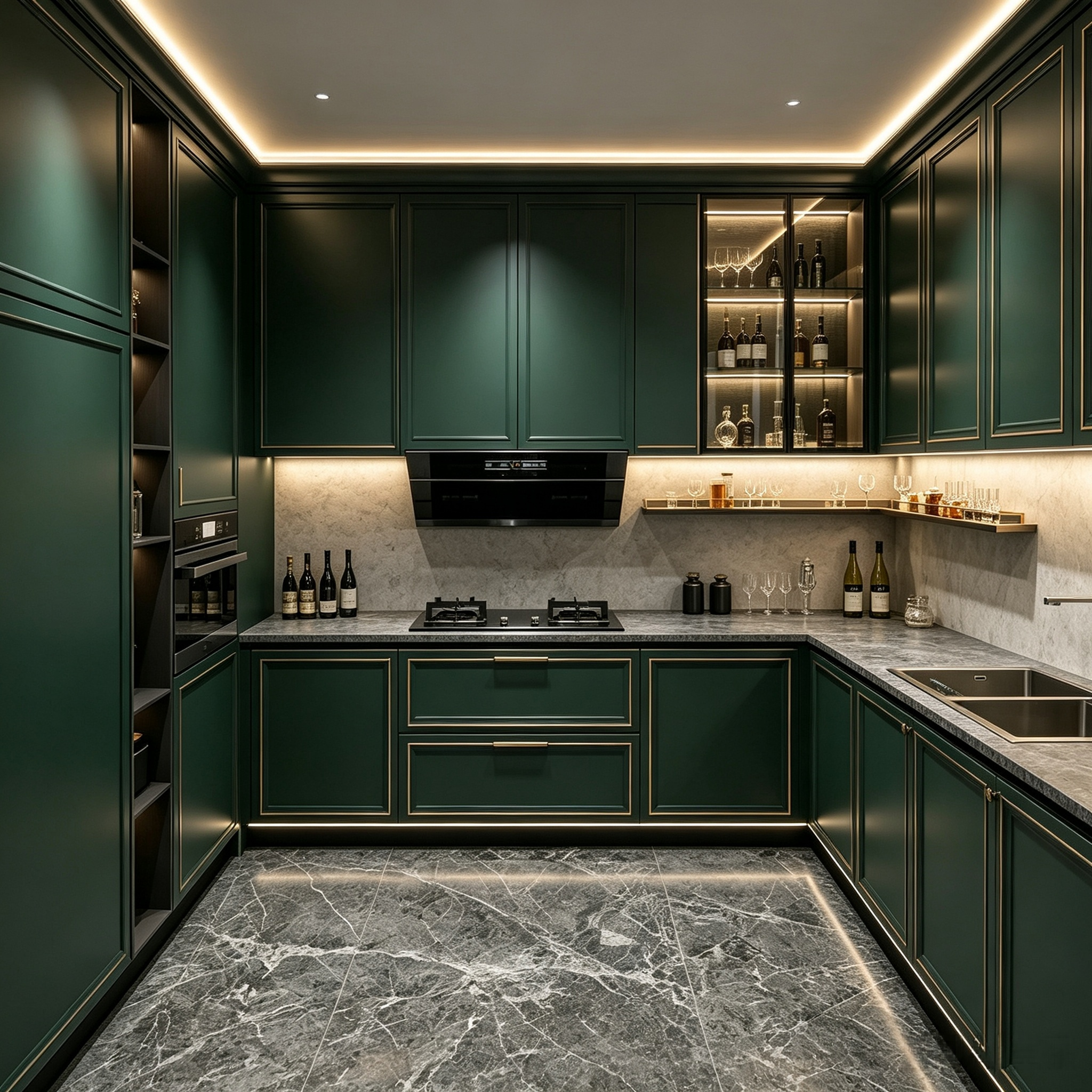 Light Luxury Gold‑Trim L‑shaped Custom Kitchen Cabinet French Premium Kitchen