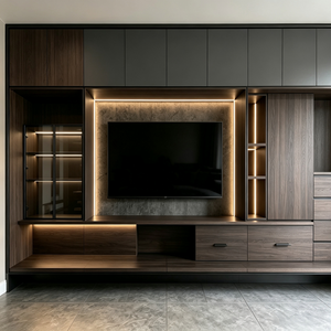 Full‑wall Integrated TV Cabinet Storage & Ambient Lighting